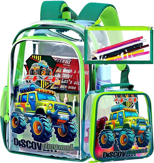 AGSDON 3PCS Clear Backpack for Boys, 16" Truck Transparent Bookbag Heavy Duty,See Through Backpacks with Lunch Bag- Green Truck