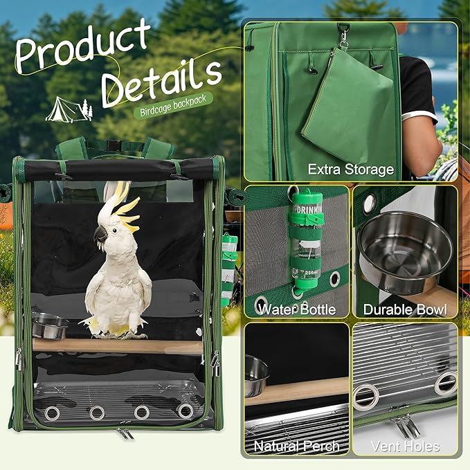 Bird Carrier Travel Cage, Cockatoo Carrier, Parrot Travel Backpack with Unbreakable Stainless Steel Mesh, Perch, Water Bottle and Food Bowl, X-Large Green