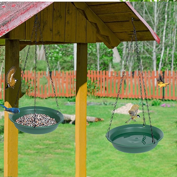 VUWEZ Hanging Bird Feeder & BirdBath for Outdoors, Wild Bird Feeders Tray, Hanging Birdbaths Trays for Outside, Cardinal, Blue Jay, Crow, Birdfeeders Outside (8", 1 Pcs with Hole & 1 Pcs No Hole)