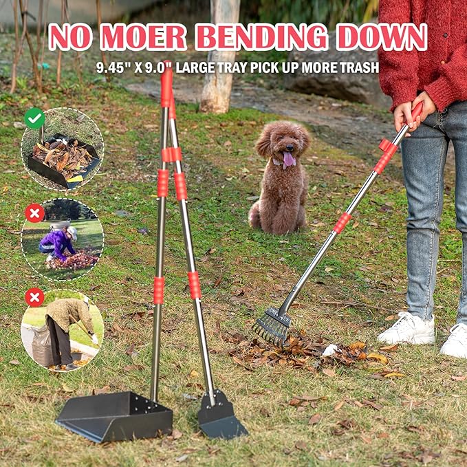 FUSBUNTY Dog Pooper Scooper Set, Pooper Scooper for Dog, Heavy Duty Stainless Steel Rake with Extra Large Tray & Spade No Bending Clean Up for Pet Waste Removal, for Grass, Dirt Or Gravel.