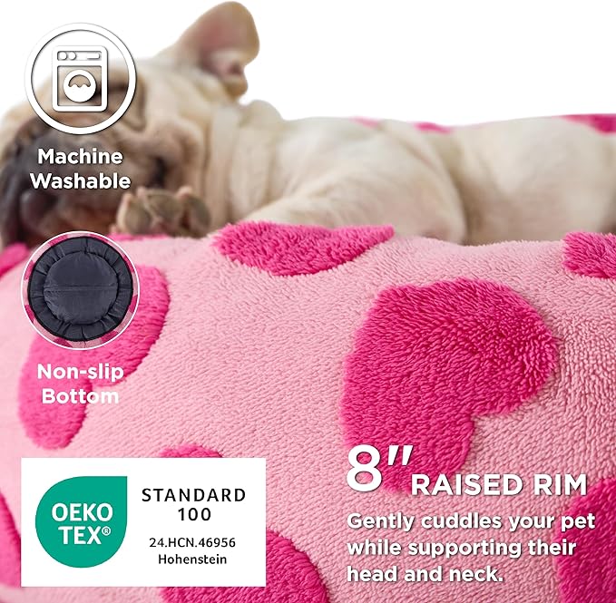 Lesure Shown on TV Donut Large Dog Bed - XL Round Beds Indoor Calming Valentine's Day Gift for Pets, Washable Cute Home Decor Beds with Jacquard Shaggy Plush & Anti Slip Bottom, 36 Inch, Lover Hearts