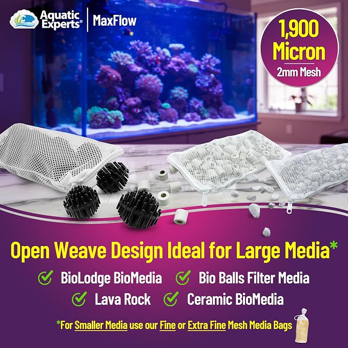 Aquatic Experts Max Flow Filter Media Bag - Durable Filter Bags for Fish Tank, Secure Aquarium Media Bag with Drawstring, Media Bags for Aquarium and Pond, Max Flow (Zipper), 8” x 12” – 3 Pack