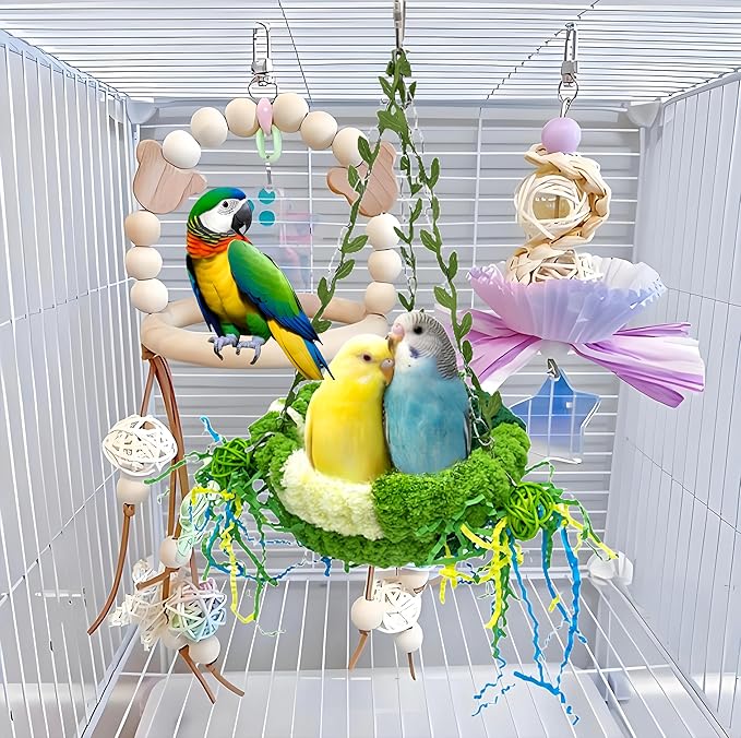 Bird Nest for Cage Bird Breeding Bed Cockatiel Snuggle Nest Parakeet Swing Bed Bird Hanging Hammock Parrot Sleeping Hut for Conure, Budgie, Lovebird, Finch, Small Pets-Green, Large Size