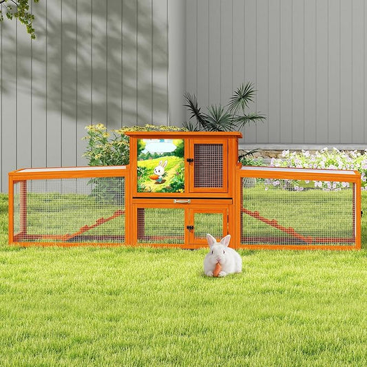 COZIWOW 82” Extra Large Fashion Wooden Outdoor Rabbit Hutch Bunny Cage Indoor Easy to Assemble and Durable with Cleaning Tray & Waterproof Roof for Small & Medium Bunny Rabbit Duck Chick (Orange)