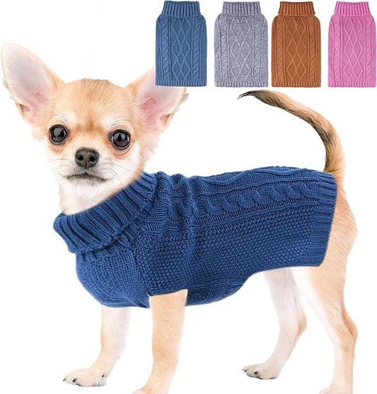 Dog Sweater for Small Dogs - Dachshund Winter Clothes, Knitted Turtleneck Warm Puppy Outfit for Boys, Cat Doggy Apparel (Blue, Medium)