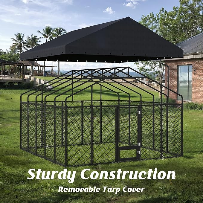 10x14FT Heavy Duty Outdoor Dog Kennel with Roof, Large Metal Dog Enclosure for Big Dogs, Weatherproof Fence Playpen with Double Lock Gate & Feeding Door