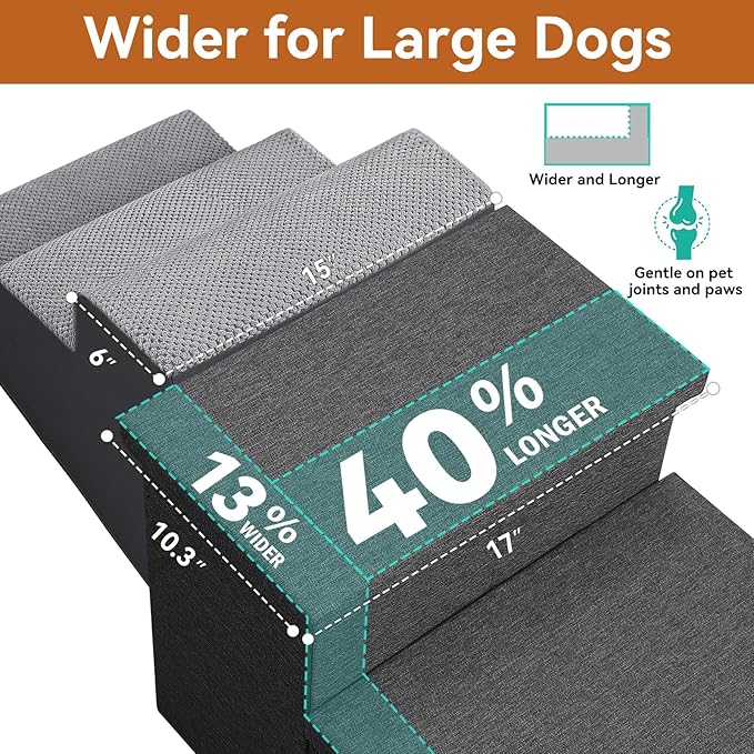 Zerbuger Dog Stairs with Storage 18" H, 3-Step Wider Dog Steps for Small/Medium/Large Old Dogs Cats, Folding Sturdy Pet Stairs Climbing Bed Couch, Ramp for Car Hold Up to 200 lbs (Dark Grey, No Condo)