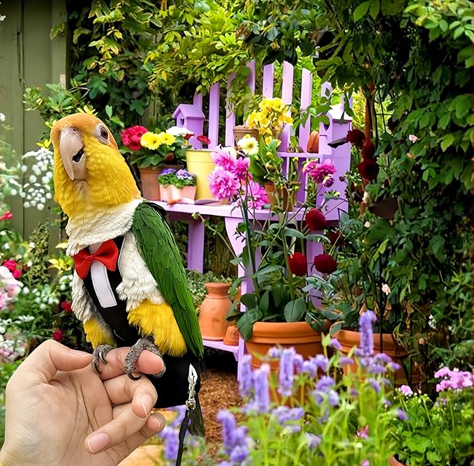 Bird Harness Leather Set Tuxedo Flight Suits with Nappy Diapers Waterproof Inner Layer Urine Wet for Parrot Cockatiel Conure Parakeet Macaw Budgie (S)