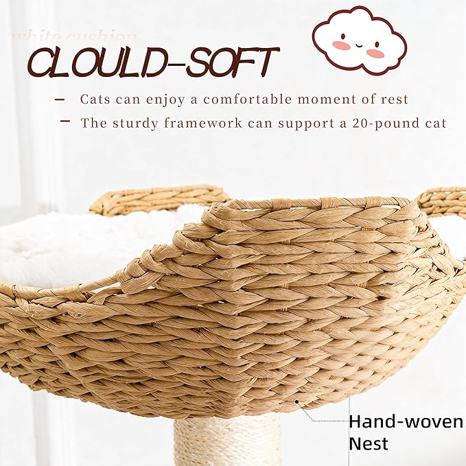 Cat Tree Tower, Modern Cat Tree with Hand-Woven Basket Nest, Sisal Posts, Extra Large 54 Inch Heavy-Duty Multi-Level Indoor Wood Tower