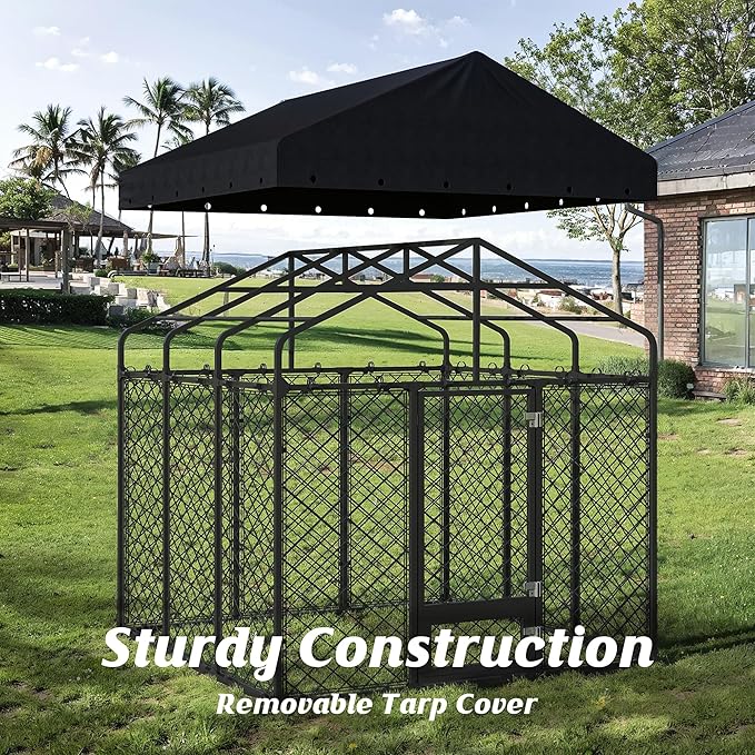 6x6FT Dog Kennel Outdoor with Roof - Heavy Duty Metal Fence Playpen for Large Dogs, Weatherproof Enclosure with Double Lock Gate & Feeding Swivel Door