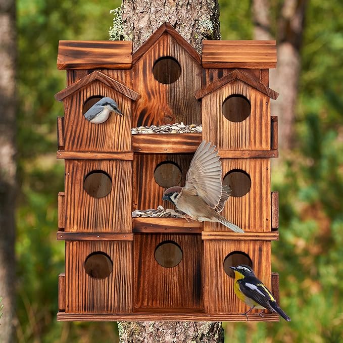 MIXUMON Wooden Bird Houses for Outside – 15 Rooms Multi-Chamber Bird House, Carbonized Pine Rustic Finish, 1.57" Entrance Holes, Individual Cleaning Doors, Decorative Outdoor Bird Nesting Box