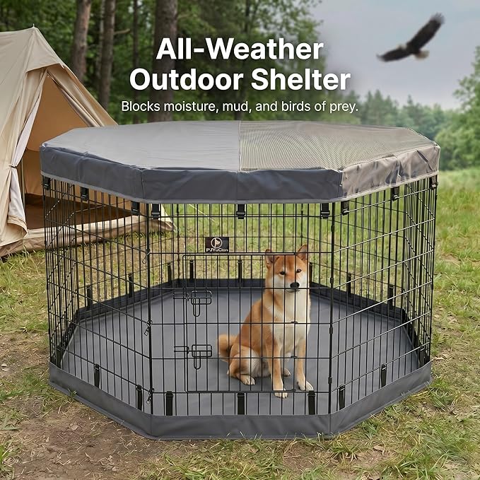 PJYuCien Dog Playpen with Top Cover and Bottom Pad - Metal Foldable Exercise Pen, 8 Panels 42" H x 24" W Indoor Outdoor Pet Fence Puppy Crate Kennel, Gray