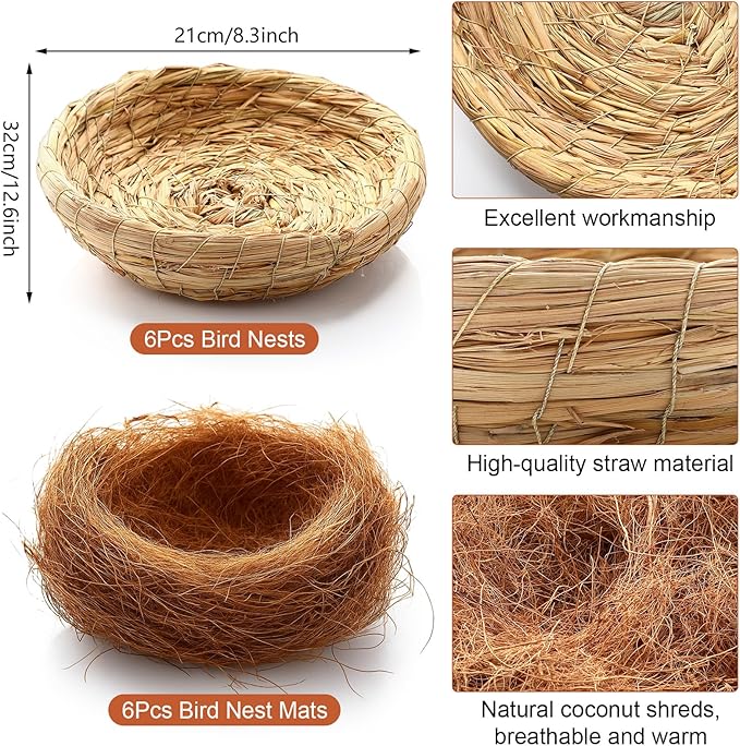 AceOrbit 12 Pcs/6 Set Bird Nest with Coconut Fiber Mats Set Hand-Woven Flat Base Pigeon Birdhouse Breeding Nest Small Animal Cage Accessories for Parrots Budgies Cockatiels Hamsters Gerbils and Pigs