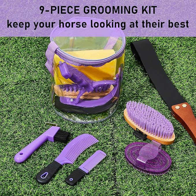Cunhill 9 Pcs Horse Grooming Kit Tack Room Supplies Set with Tote Bag, Oval Massage Curry, Hard and Soft Brush, Hoof Pick, Sweat Scraper, Bathing Sponge, Comb for Horse Rider(Cute,Purple)