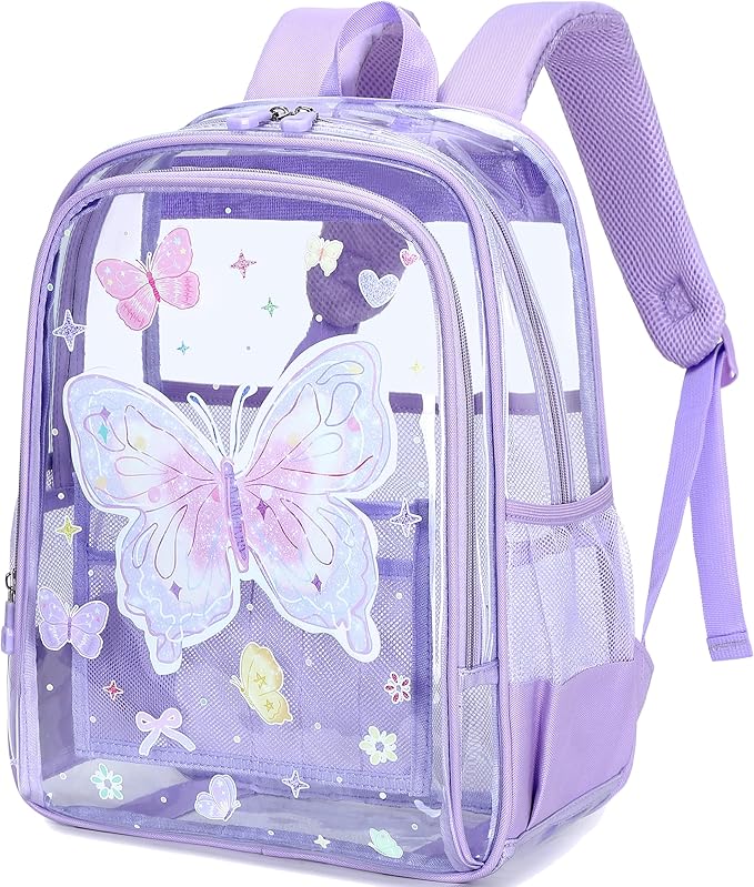 AO ALI VICTORY Clear Backpack for School,PVC Transparent Kids Bookbag for Girls Boys Cute Toddler Back Pack Kindergarten Elementary Schoolbag Stadium Approved See Through Backpacks, Purple Butterfly
