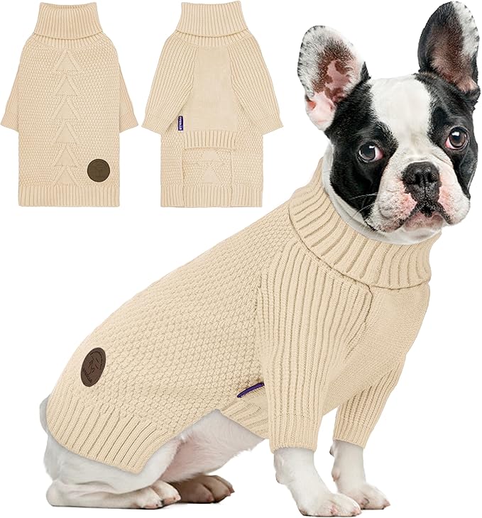 cyeollo Dog Sweater Turtleneck Knitted Sweaters with Long Sleeves Winter Dog Clothes Sweaters for Small Dogs, Beige XL