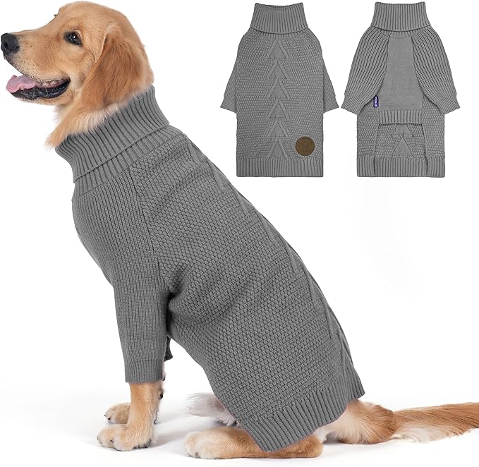 cyeollo Dog Sweater Turtleneck Knitted Sweaters with Long Sleeves Soft Knitwear Warm Dog Clothes for Medium Dogs, Grey XXL
