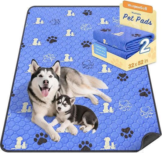 WanpeeGoo Washable Pee Pads for Dogs Mat, 2 Pack Absorbent Reusable Training Dog Pads Pet Puppy Pads, Non-Slip Potty Pads for Whelping, Playpen, Crate, Bed, Blue 32"x52"