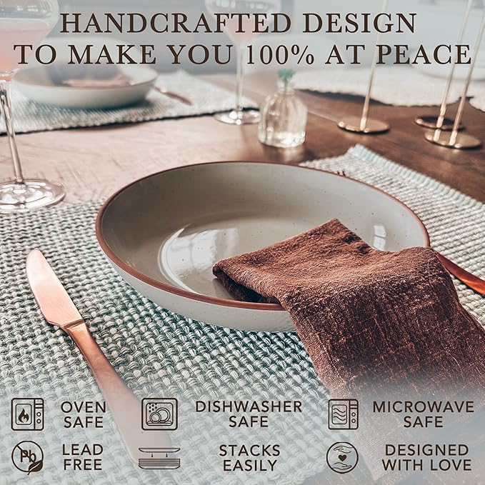Mora Ceramic Large Pasta Bowls 30oz, Set of 4 - Serving, Salad, Dinner, etc Plate/Wide Bowl - Microwave, Oven, Dishwasher Safe Kitchen Dinnerware - Modern Porcelain Stoneware Dishes, Earl Grey