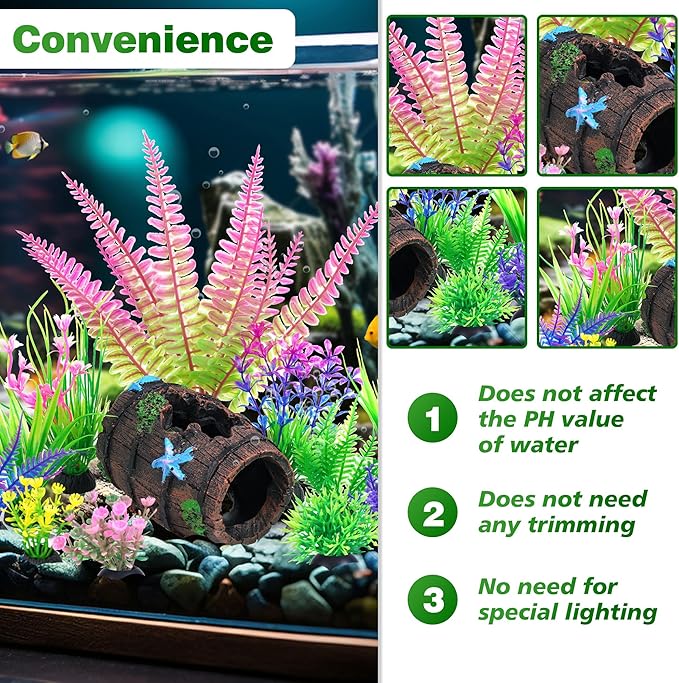 Ameliade 11 Aquarium Plants & Fish Tank Broken Barrel Cave Decorations Set | Broken Barrel Cave and Soft Artificial Plastic Plants Decor Accessories for Betta Goldfish Tank, Small Fish Bowl Ornaments