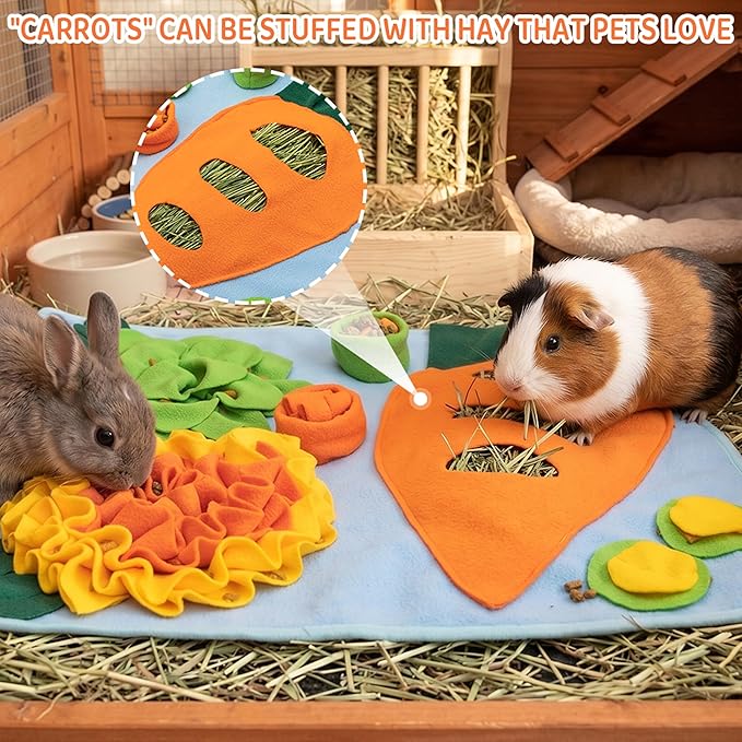Rabbit Hay Feeder - Interactive Polar Fleece Pet Foraging Mat Toy Indoor for Guinea Pig Bunny Chinchillas Hamster Ferrets Small Animals - Anti Slip Feeding Mat Treat Dispenser Machine Washable
