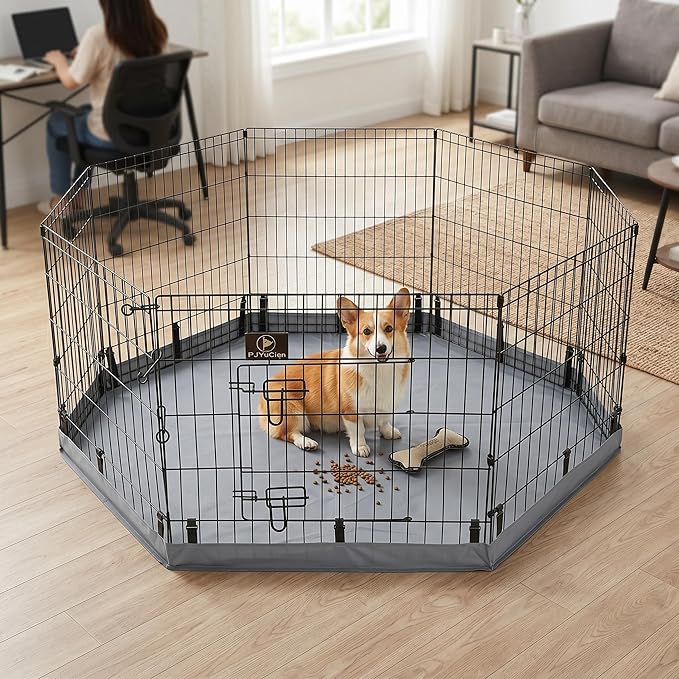 PJYuCien Dog Playpen with Bottom Pad - Metal Foldable Exercise Pen, 8 Panels 30" H x 24" W Indoor Outdoor Pet Fence Puppy Crate Kennel, Gray