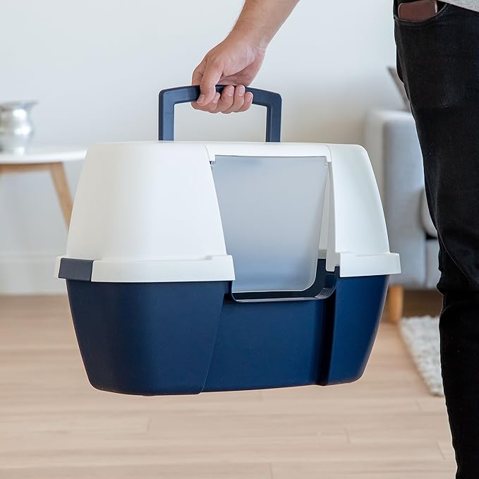 IRIS USA Cat Litter Box - Enclosed Corner Litter Box with Scoop, Hooded Litter Tray for Corners, Space-Saving Covered Litter Box, Odor Defensive, Navy/White