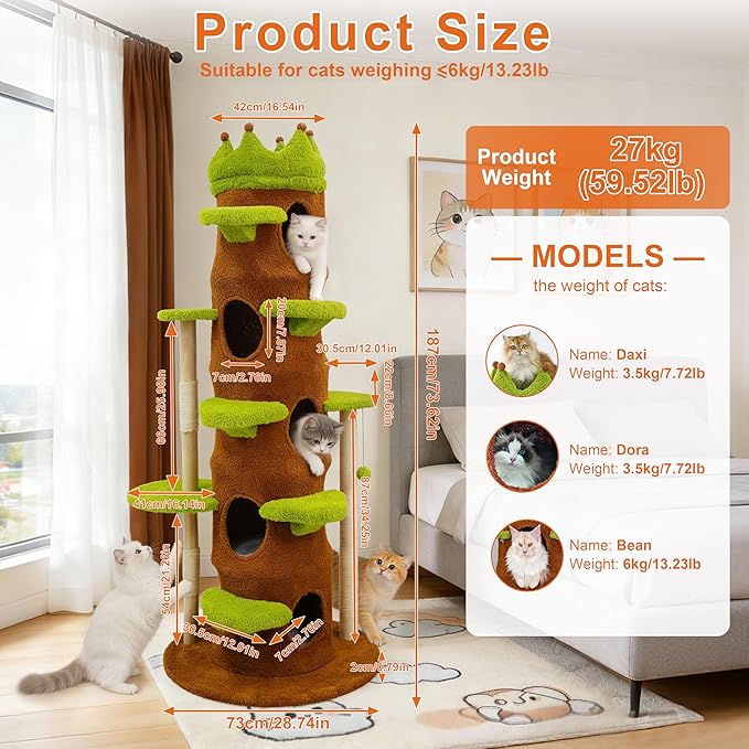 Modern Cat Tree Tower: 73.6” Tall Cat Tree for Indoor Cats Large Adult with Sisal Scratching Post - Extra Large Heavy Duty Wooden Green Cat Tree with Plush Condo