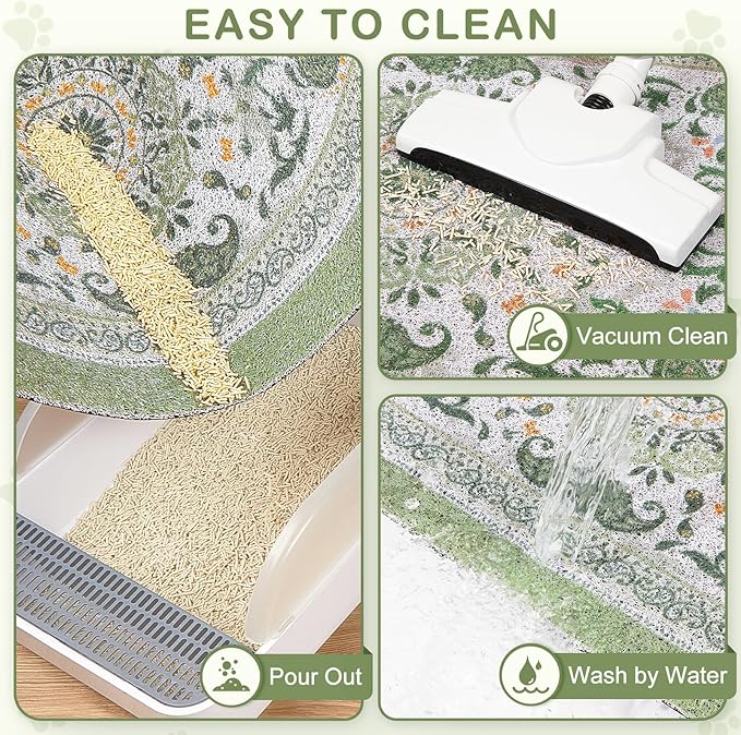 Unicorn Catcher Cat Litter Mat 40" x 30" Non-Slip Litter Box Mat Washable Litter Catcher Mat for Litter Box Indoor Food Mat Supplies Essentials, Green Mandala