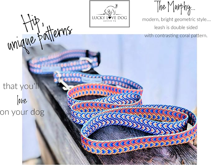 Lucky Love Dog, Bold Matching Dog Collar and Leash Set, Soft & Adjustable, Geometric Pattern Collar and Leash for Male Female Dogs - (Medium, Murphy Combo)