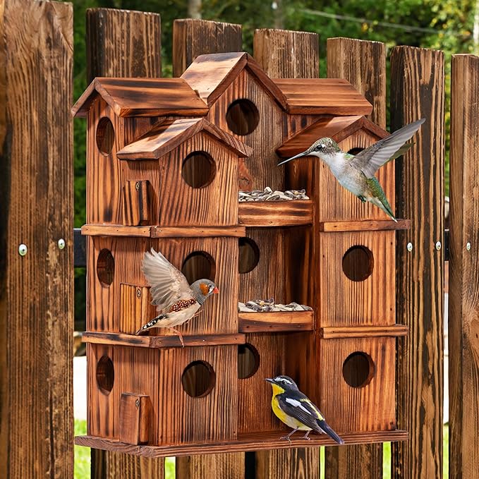 MIXUMON Wooden Bird Houses for Outside – 15 Rooms Multi-Chamber Bird House, Carbonized Pine Rustic Finish, 1.57" Entrance Holes, Individual Cleaning Doors, Decorative Outdoor Bird Nesting Box