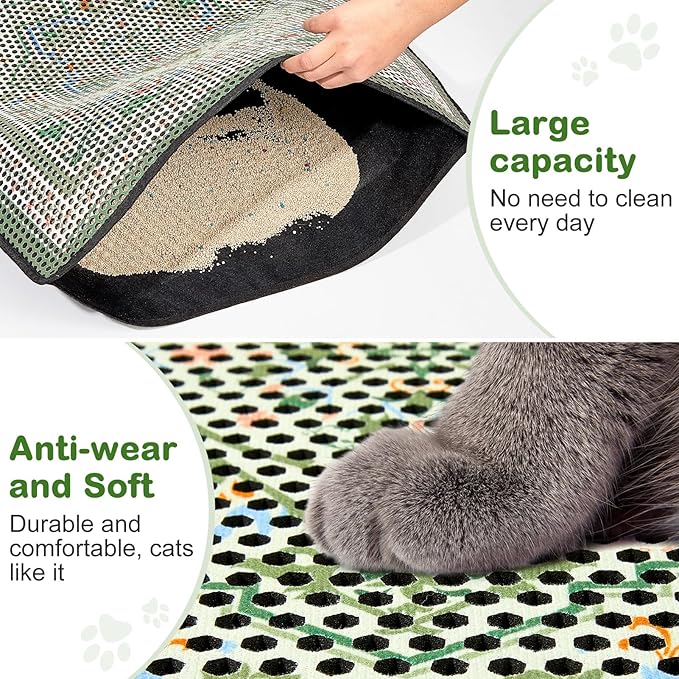 Bienbee Cat Litter Mat, 46"x27" Jumbo Litter Mat Double Layer Litter Trapping Mat,Reduces Tracking and Keeps Floors Clean,Bean-Green Retro Floral XL