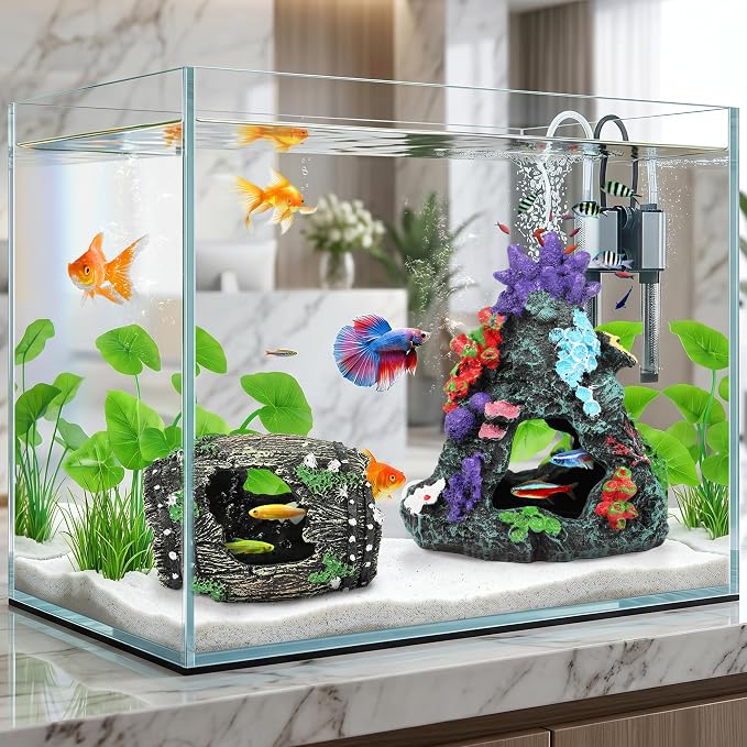 MyLifeUNIT Fish Tank Decor, 2 Pack Artificial Aquarium Coral Reef Rock Decorations for Betta, Goldfish to Breed, Play, Hide and Rest (Coral Reef Mountain+Vintage Wooden Barrel)