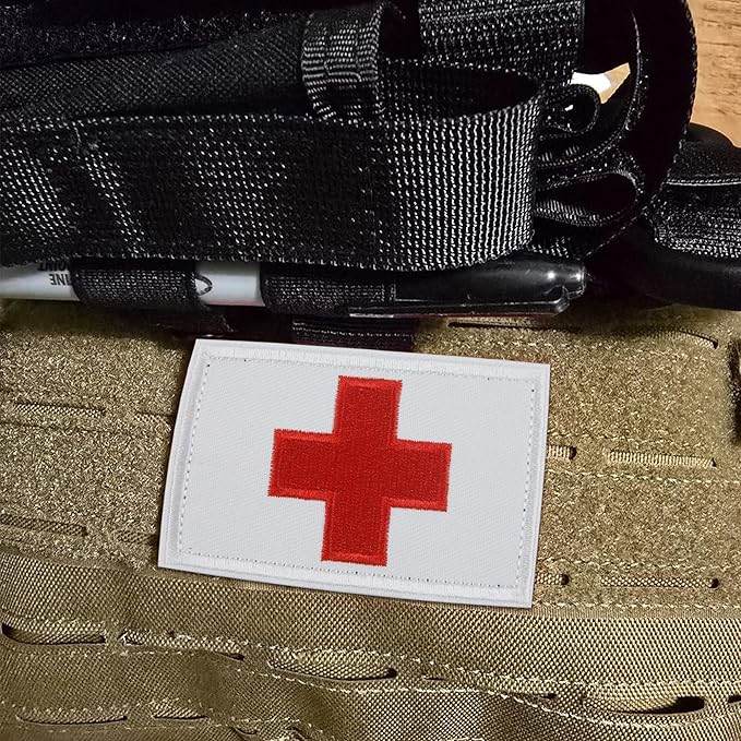 2 PCS First Aid Kit Patch, Medic Red Cross Patch Tactical Medical Patches for Packs Military Bags Backpacks Clothings Jackets Hats Pet Harness (Embroidered, 3x2 in) | White