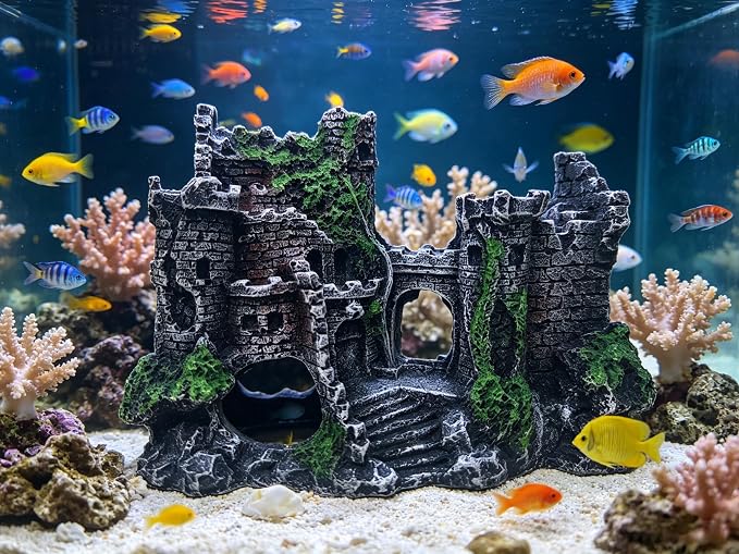 Aquarium Castle Bubbler Decorations, Resin Fish Tank Accessories with Air Bubbler, Fish Tank Cave Hideout for Betta & Small Fish, Aquarium Decor with Air Holes,(Air Pump is Not Include)