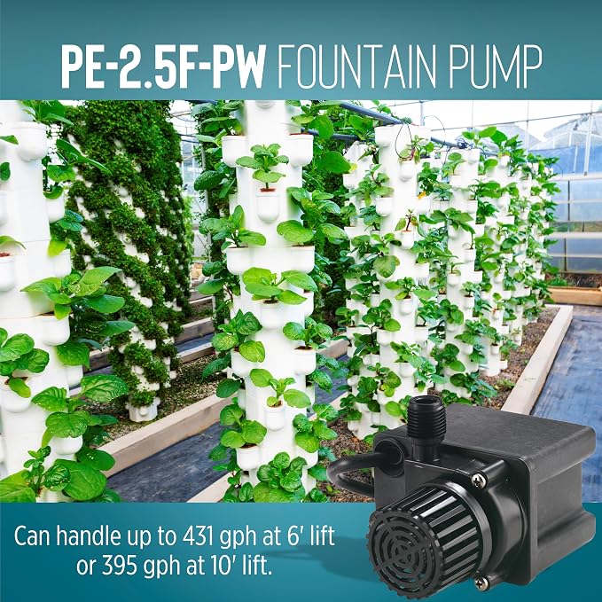Little Giant PE-2.5F-PW, 115V, 475 GPH Small Submersible Pump, 15' Cord | 1/28 HP, For Fountains/ Small Ponds/ Hydroponics/ Recirculation, Epoxy-coated Aluminum, Manual (no switch), 566612