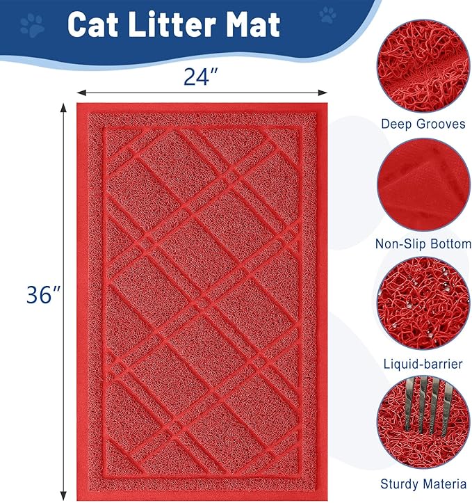 Smiry Cat Litter Box Mat 36x24, Non-Slip Water Resistant Litter Trapping Mat, Easy Clean Less Waste and Urine-Locking Cat Carpet for Indoor, Red