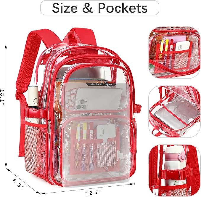 abshoo Large Heavy Duty Clear Backpack For School Bookbag Transparent Multi Pocket Backpacks (Red)