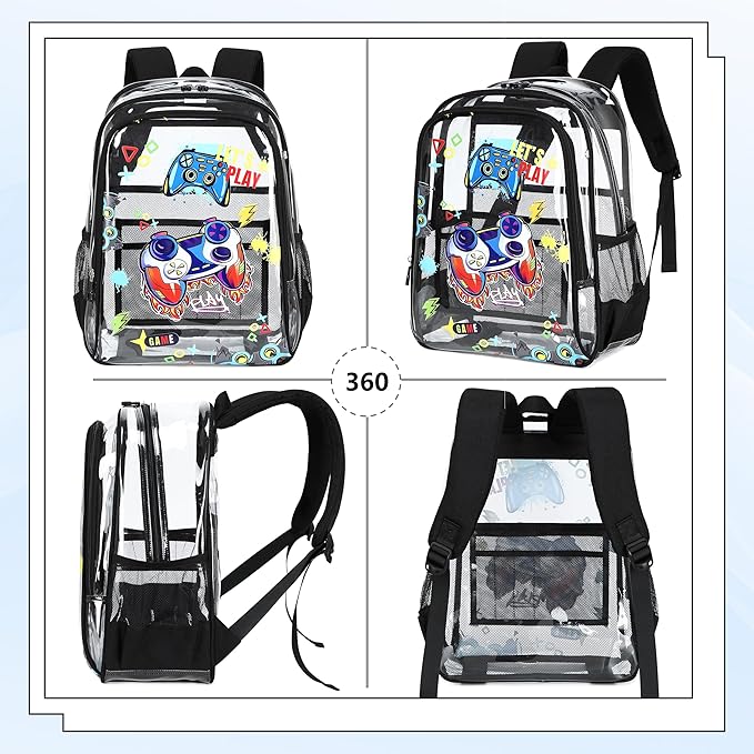 AO ALI VICTORY Clear Backpack for School,PVC Transparent Kids Bookbag for Girls Boys Cute Toddler Back Pack Kindergarten Elementary Schoolbag Stadium Approved See Through Backpacks,Black Gamer