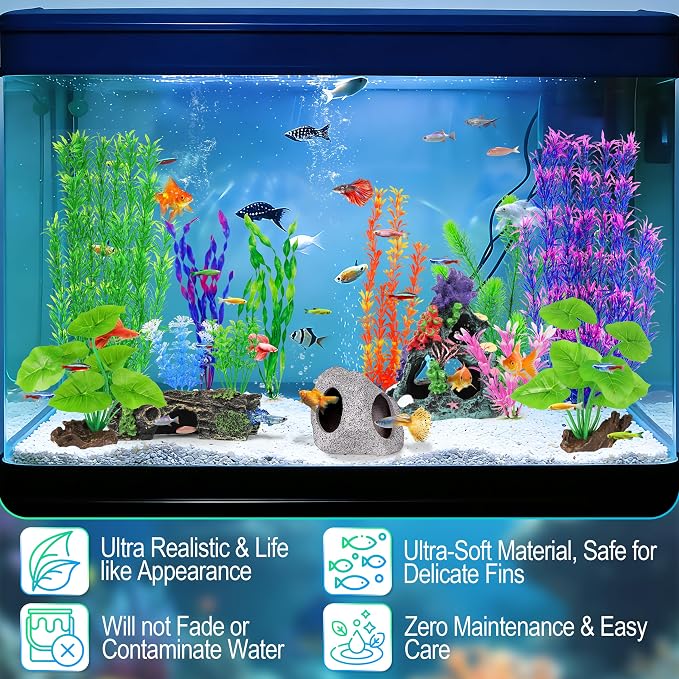 MyLifeUNIT Fish Tank Decor, Silk Aquarium Plants and Hollow Tree Trunk Decor for Betta, Goldfish, Turtle, Reptile Decoration