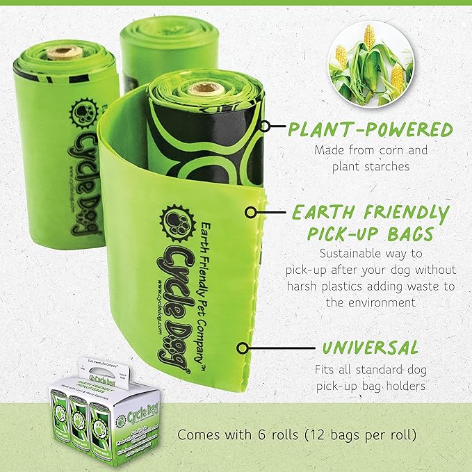 Cycle Dog Earth Friendly Pick-Up Bags (72 Total, 6-Rolls, 12 Per Roll) - Sustainable Plant Powered Dog Poop Bag/Made with Corn & Plant Starches/No Plastic/Easy to Use/Made in USA