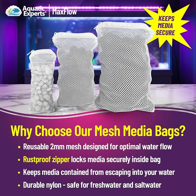 Aquatic Experts Max Flow Filter Media Bags - Secure Zipper Bags for Fish Tank, Aquarium and Pond, 5" x 9" - 4 Pack