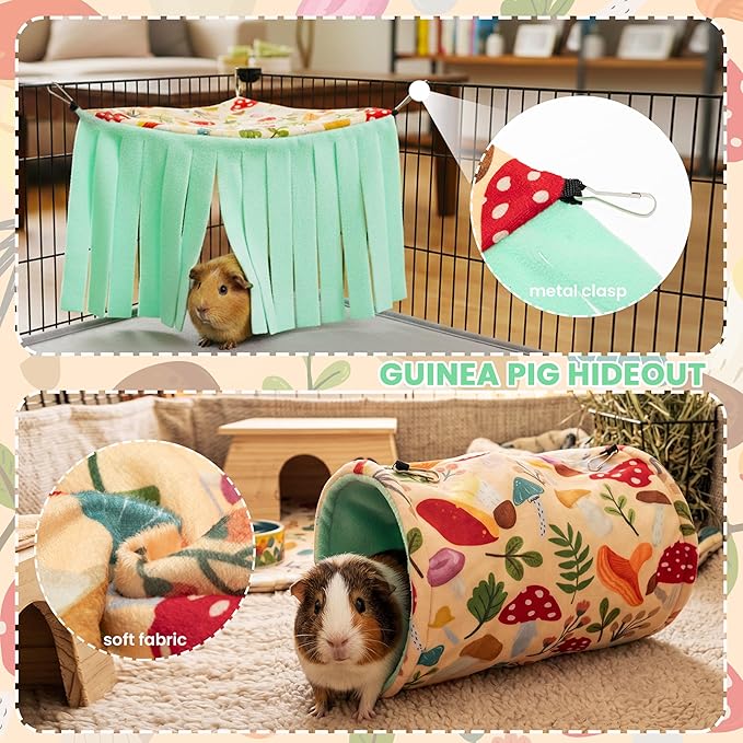 Guinea Pig Hideout, 4 Pack Fleece Cute Small Animal Tunnel & Hay Feeder Bag & Mat & Corner Hideout Cage Accessories for Guinea Pigs, Rabbit, Bunny, Ferret, Chinchilla, Hedgehogs