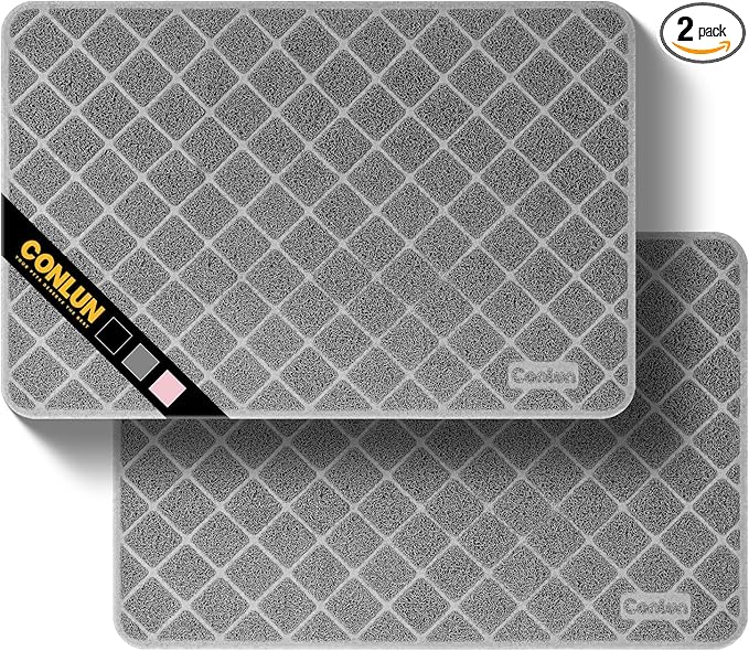 Conlun Cat Litter Mat Litter Trapping Mat, 35" x 23" Premium Durable PVC Grid Mesh with Scatter Control, Non-slip, Less Waste Cat Litter Box Mat, Grey 2 Pack