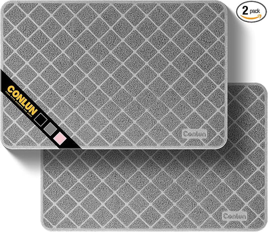 Conlun Cat Litter Mat Litter Trapping Mat, 35" x 23" Premium Durable PVC Grid Mesh with Scatter Control, Non-slip, Less Waste Cat Litter Box Mat, Grey 2 Pack