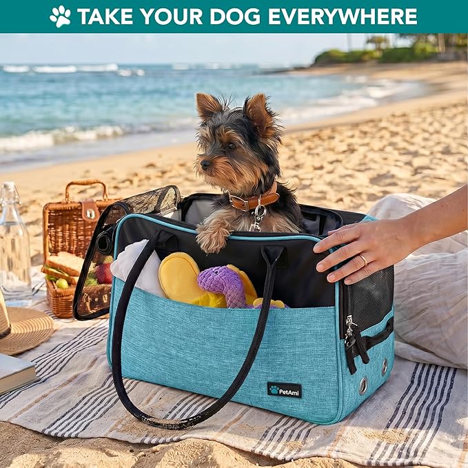 PetAmi Dog Purse Carrier for Small Dogs, Airline Approved Soft Sided Pet Carrier with Pockets, Ventilated Dog Carrying Bag for Puppy Cat, Dog Travel Supplies Bag, Sherpa Bed, Max 12 lbs, Teal Blue