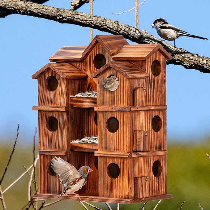 MIXUMON Wooden Bird Houses for Outside – 15 Rooms Multi-Chamber Bird House, Carbonized Pine Rustic Finish, 1.57" Entrance Holes, Individual Cleaning Doors, Decorative Outdoor Bird Nesting Box