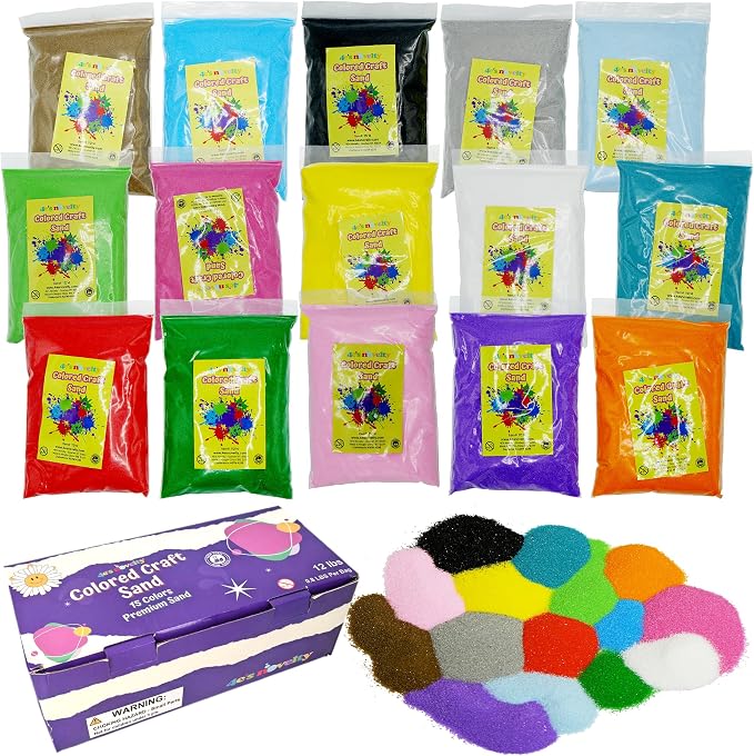 4E's Novelty 12 Lbs Colored Craft Sand -15 Colors, 0.8 lb Bags, Non-Toxic Fine Grain Decorative Sand Art for Kids Craft, Bottle & Vase Filler, Teachers Classroom Supplies