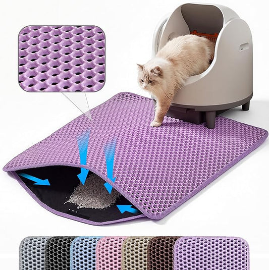 Small Cat Litter Mat, 20x14’’ Double Layer Honeycomb Cat Litter Box Mat, Non Slip Waterproof Urine Proof Litter Trapping Mat for Floor, Kitty Litter Pad, Indoor Pet Supplies, Purple