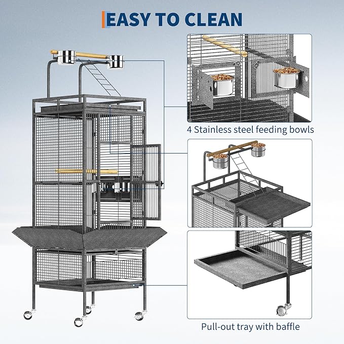 61" Extra Large Bird Cage with Rolling Stand & Play Top - Wide Metal Parrot Cage for Macaws, Cockatoos, Conures, Parakeets, Lovebirds, Includes Bowls
